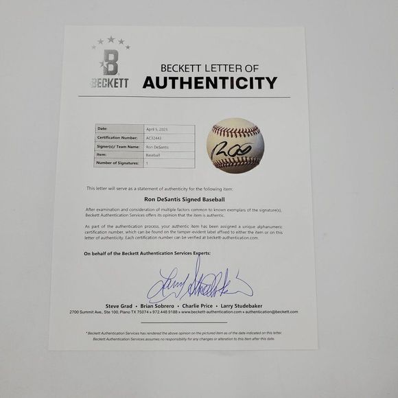 Governor Ron DeSantis Signed Baseball Rawlings Official Major League Beckett LOA - Picture 10 of 13